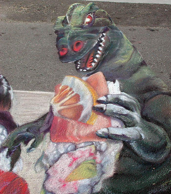 Close up view of Godzilla ready to eat some sushi