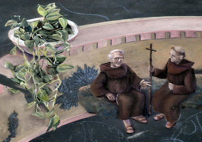 Father Virgil and Father Serra talk by the pothos